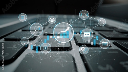 Abstract Technology Concept Visualizing Data Analytics and Performance Metrics on a Laptop Keyboard Focused on Digital Connectivity and Business Growth Sigmoid