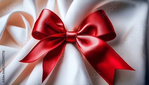Elegant Red Satin Ribbon Bow Tied Around Soft White Draped Fabric Luxurious Decorative Element For Weddings Holidays And Festive Gift Wrapping