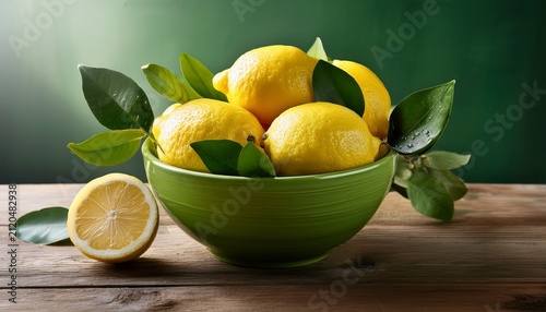 Lemons With Leaves In A Green Bowl On A Wooden Table