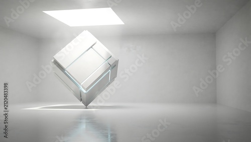 Futuristic Floating Geometric Cube in Minimalist White Room with Skylight | Abstract 3D Architectural Concept