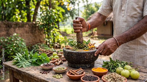 Closeup of Ayurvedic medicine preparation outdoors in India, natural healing process with herbs, spices, and roots, concept of wellness, balance, and cultural tradition. ayurvedic