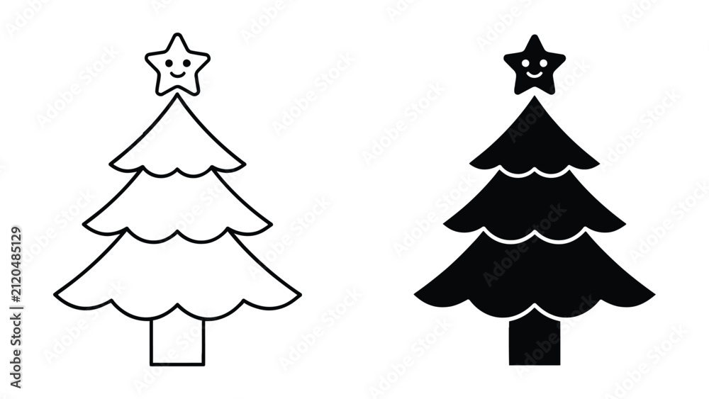 Obraz premium Two of a christmas tree with a smiling star topper, one in black outline and one in solid black silhouette on a white background