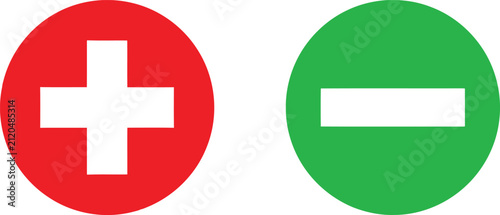 Obraz na plátne Red plus and green minus signs in circles representing addition and subtraction