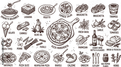 Hand Drawn Italian Cuisine Vector Set Featuring Pizza Pasta Lasagna Gelato and Traditional Dishes