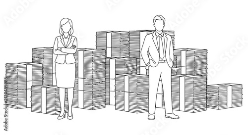Fotografie Business professionals standing proudly in front of stacks of money