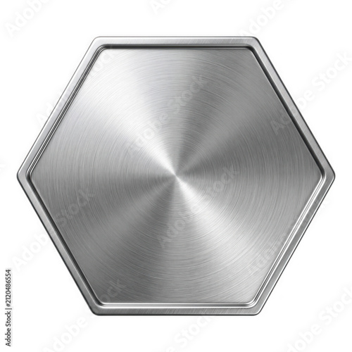 Hexagonal metal plate with brushed texture isolated on transparent background