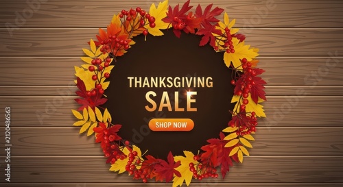 Thanksgiving sale banner with autumn leaves wreath
