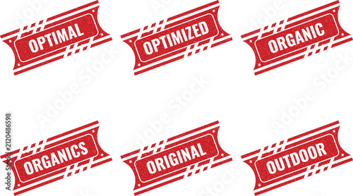 Fotografía Set of Red Ribbon Stamp Badges Featuring Optimal, Optimized, Organic, Organics,