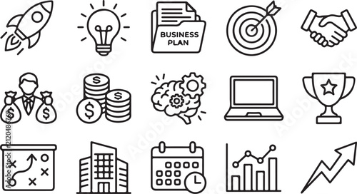 Set of business and finance icons featuring rocket startup idea money growth and management symbols