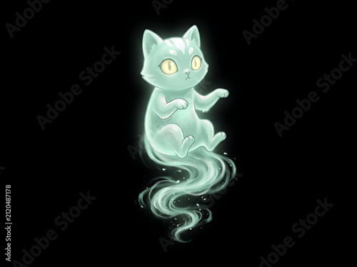 Adorable glowing spirit cat with yellow eyes and swirling ghostly tail illustration