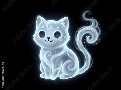Cute ethereal spirit cat with swirly smoke tail isolated on black background
