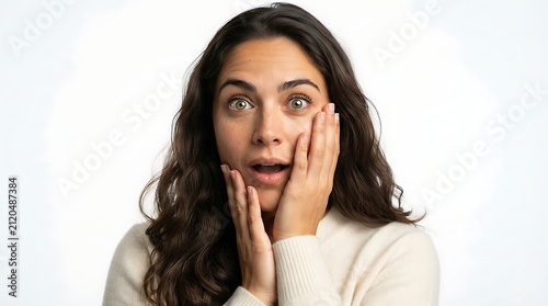 Ultra-realistic portrait of a Latina woman reacting with genuine surprise, eyebrows raised, mouth slightly open