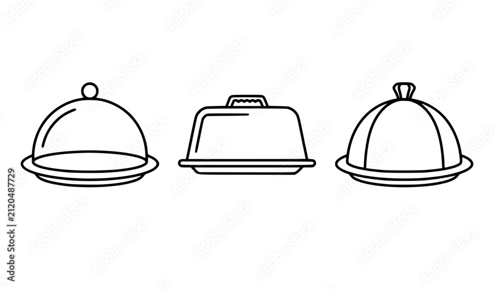 Fototapeta premium Single Serving Cloche Outline Icon Set Restaurant Food Cover Line Art Vector for Coloring Book