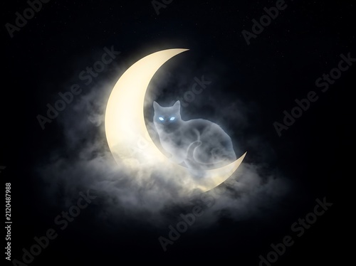 Mysterious ethereal cat with glowing blue eyes sits on a crescent moon surrounded by clouds