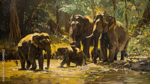 Obraz A Majestic Family of Elephants Walking Together Through a Lush Tropical Jungle Surrounded by Beautiful Greenery and Wild Nature, Generative Ai
