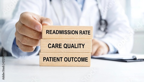 Medical professional holding blocks representing hospital metrics like readmission rate care quality and patient outcome