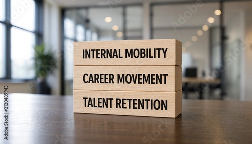 Modern office setting showcasing wooden blocks emphasizing internal mobility career movement and talent retention concepts