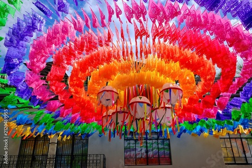 Colorful Papel Picado Ceiling with Paper Lanterns (Oaxaca de Juarez, Oaxaca, Mexico)