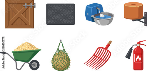 Barn and Livestock Care Equipment Vector Icon Set Featuring Wooden Stable Door, Rubber Stall Mat, Automatic Water Drinker, Wall-Mounted Mineral Salt Lick, Wheelbarrow with Bedding, 
