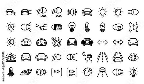 Vehicle Lighting Outline Icon Collection with Headlight Dashboard High Beam and Fog Lamp Vector