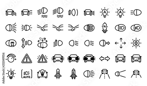Car Headlight and Dashboard Thin Line Icon Set with High Beam Low Beam Fog Light and Editable Stroke Vector