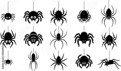 Fotografie Set of black spider silhouettes for a halloween vector bundle featuring various