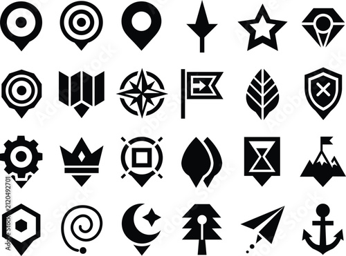 Creative black location pin icons collection isolated on white background
