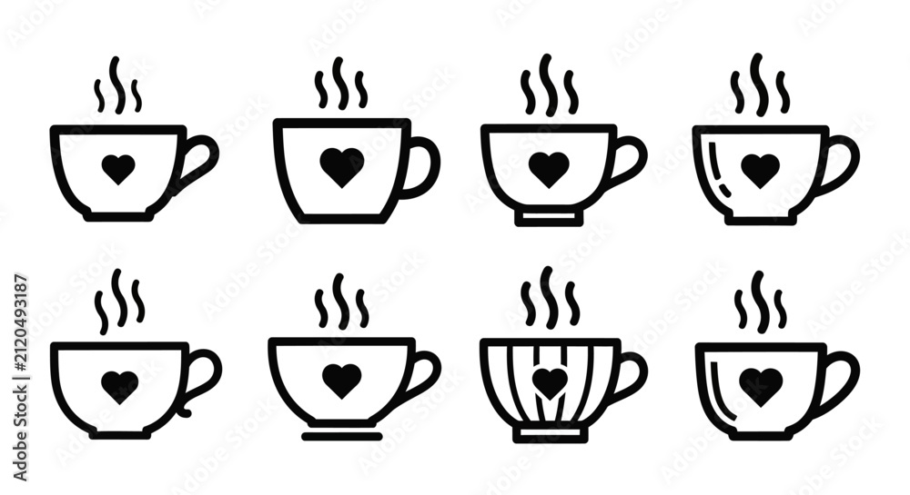 Fototapeta premium Eight black outline coffee cups with steam and heart icons simple flat design elements on white
