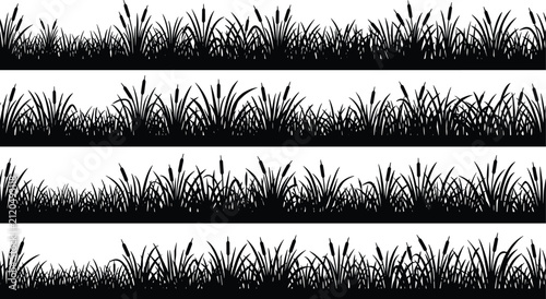 Foto Set of horizontal seamless grass and cattail silhouette borders for nature lands