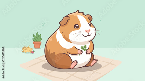 Canvastavla Cute Cartoon Guinea Pig Holding Fresh Parsley, Adorable Rodent Pet Illustration,