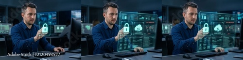 IT specialist touching digital security padlock. Cyber security expert protecting data.