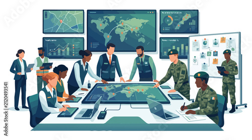 Diverse team of military and civilian experts collaborating in a high-tech command center.