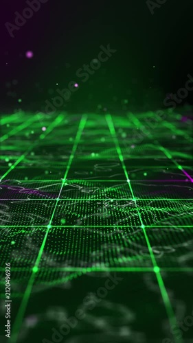 VERTICAL VIDEO, Abstract futuristic digital grid background with glowing green particles and network connections.
