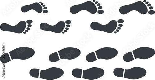 Foto Minimalist dark grey human footprints and shoe sole silhouettes arranged as a fl