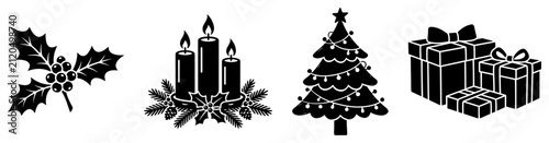 Christmas traditional elements including holly branches burning candles and decorated pine tree in black silhouette style
