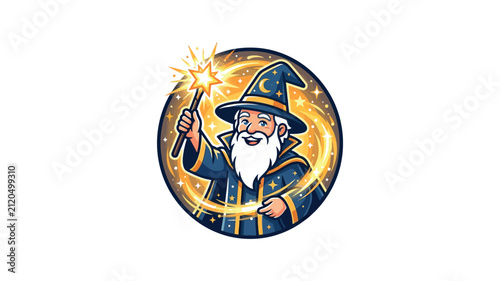 An illustration of a friendly wizard holding a sparkling magic wand inside a circular emblem.