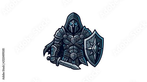 A cartoon illustration of a dark warrior in armor holding a sword and a shield.