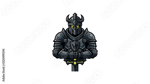Digital illustration of a fierce black armored knight with glowing eyes resting hands on a sword hilt.