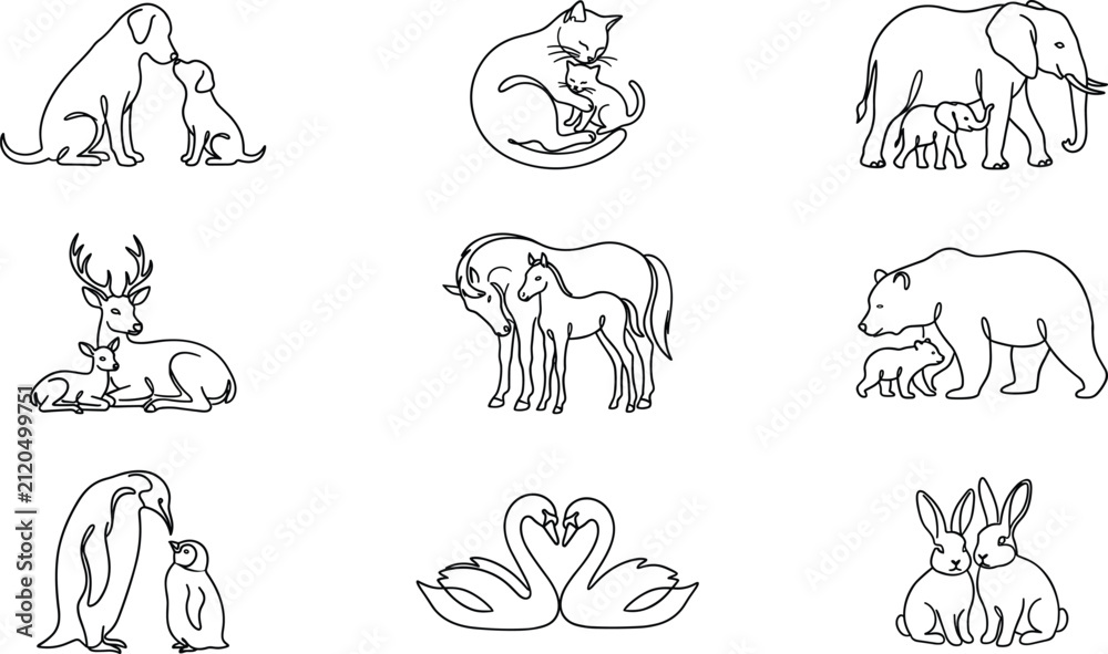 Obraz premium Continuous Line Art Animal Family Icon Collection with Mother and Baby Wildlife Symbols for Nature Graphic Design Projects