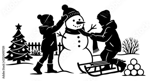 Fotografía Children building snowman outdoors near Christmas tree and sled in silhouette st