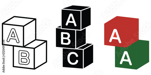ABC blocks child toy icons collection, 3D alphabet cube render illustrations for preschool learning, early childhood education, playful teaching tools, learning activities, and educational vector.