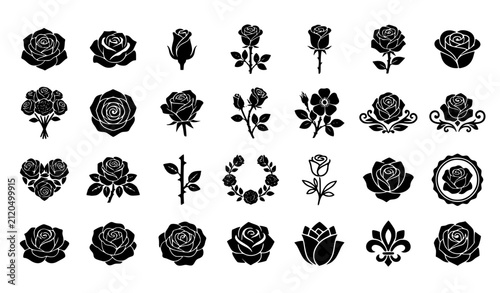 Rose Silhouette Icon Set with Blooming Flowers Botanical Floral Symbols Black Vector Collection