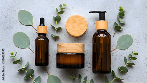 Natural skincare products with eucalyptus leaves on a gray background amber glass bottles and wooden lids organic beauty concept