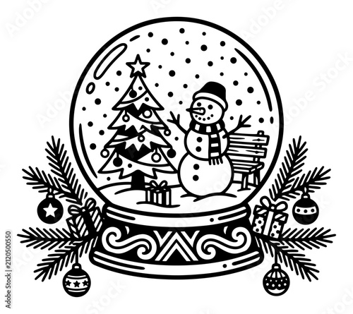 Snow globe with snowman and Christmas tree in thick line art style