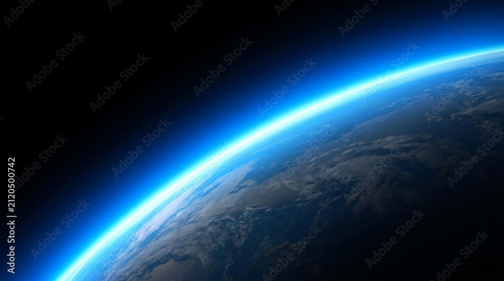 Fototapeta premium Dynamic orbital view of earth with bright blue atmosphere and land masses tilted in deep space.