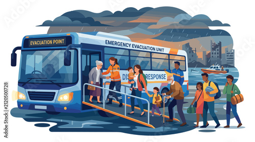 People boarding an emergency evacuation bus for safety.