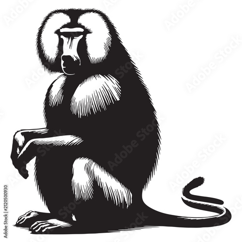 Baboon, Monkey, Primate, African, Wild, Safari, Jungle, Olive, Chacma, Hamadryas, Guinea, Yellow, Baby, Cute, Angry, Face, Portrait, Wildlife, Nature, Illustration, Drawing, Vector, Clipart.