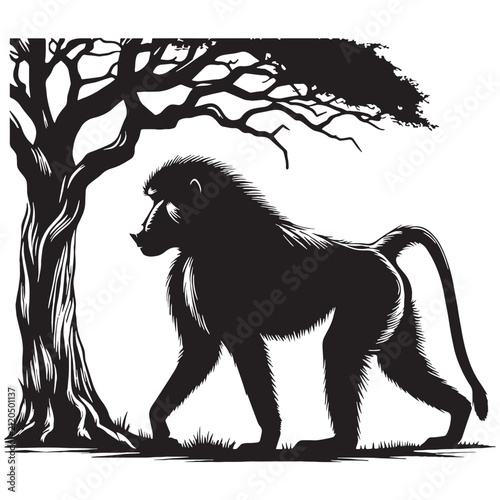 Baboon, Monkey, Primate, African, Wild, Safari, Jungle, Olive, Chacma, Hamadryas, Guinea, Yellow, Baby, Cute, Angry, Face, Portrait, Wildlife, Nature, Illustration, Drawing, Vector, Clipart.