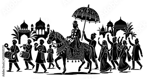 Foto Indian wedding procession with groom on horse and musicians black and white silh
