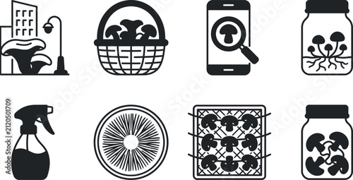 Cuadro en lienzo Mushroom cultivation and foraging icons set